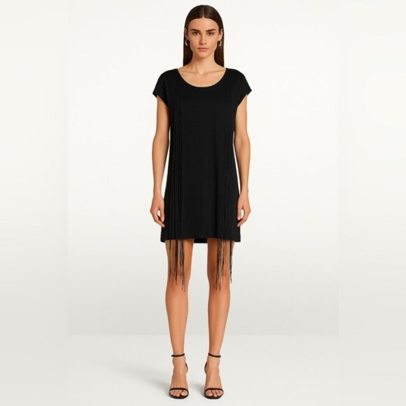 NEW Rudsak black sleeveless drape fringe midi knit pullover crew neck dress S/P - Picture 1 of 7